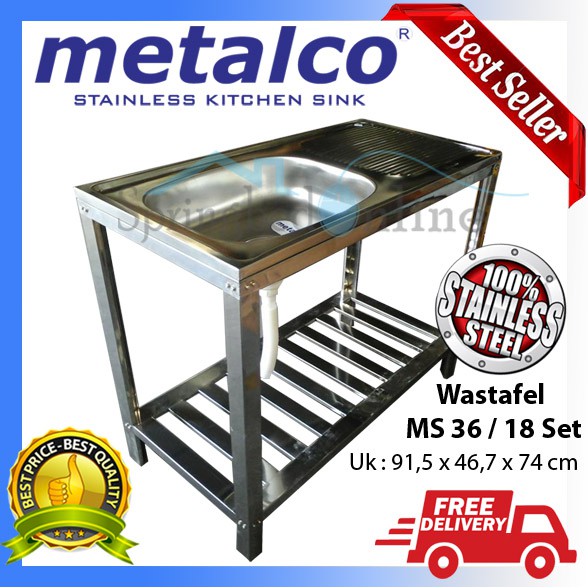 Paket Wasbak Bak Cuci Piring Metalco MS 36-18 Set Stainless Anti Karat Dan Kran Angsa Flex Tanam