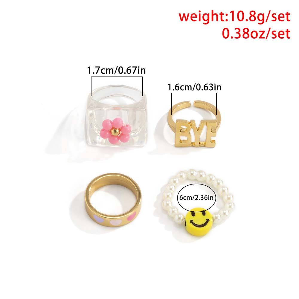 SKJK  3 Pcs/4 Pcs Resin Rings Punk Ring Sets Alloy Finger Rings Pearl Beaded Love Heart Gold Color Transparent Women Girls Chunky Korean Style