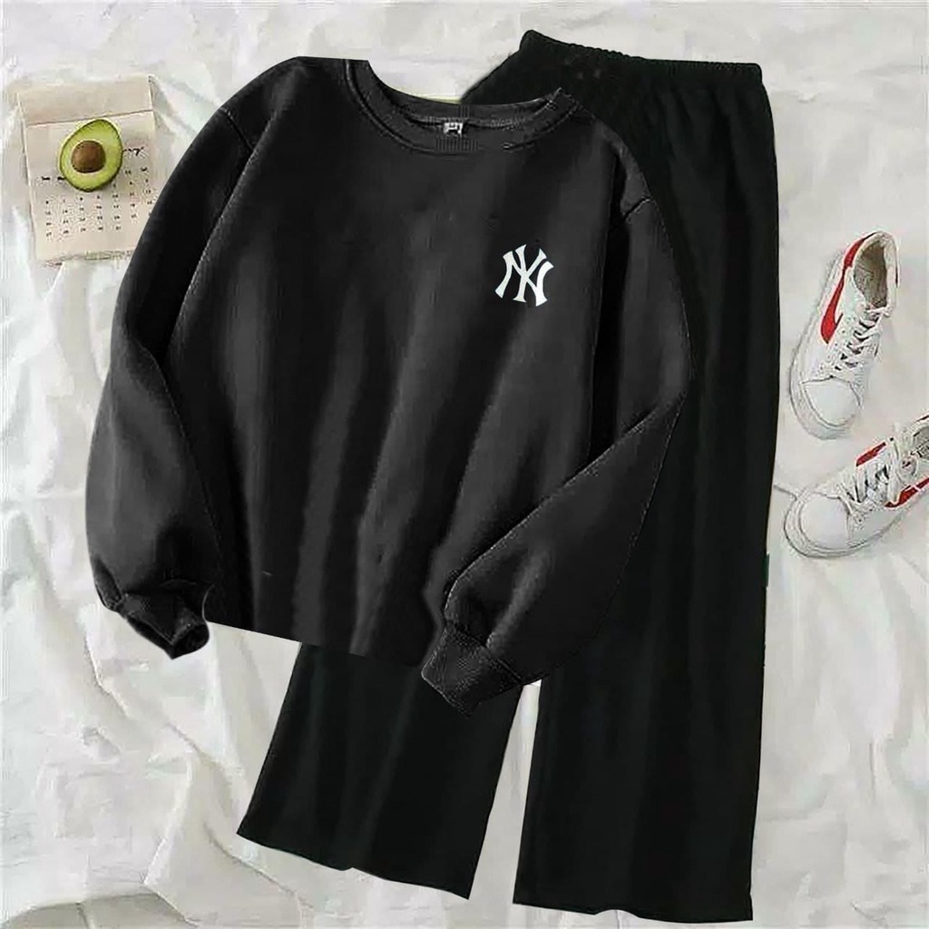 (COD)ST NY / Stelan Kulot Polos Wanita / Stelan Sweater Terlaris / Stelan NY Bordir / Sweater Lengan Panjang&Celana Kulot Viral-HITAM ATASAN SAJA