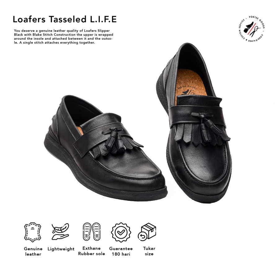 Portee Goods Sepatu Kulit Pantofel Pria Loafers Tasseled Life Hitam