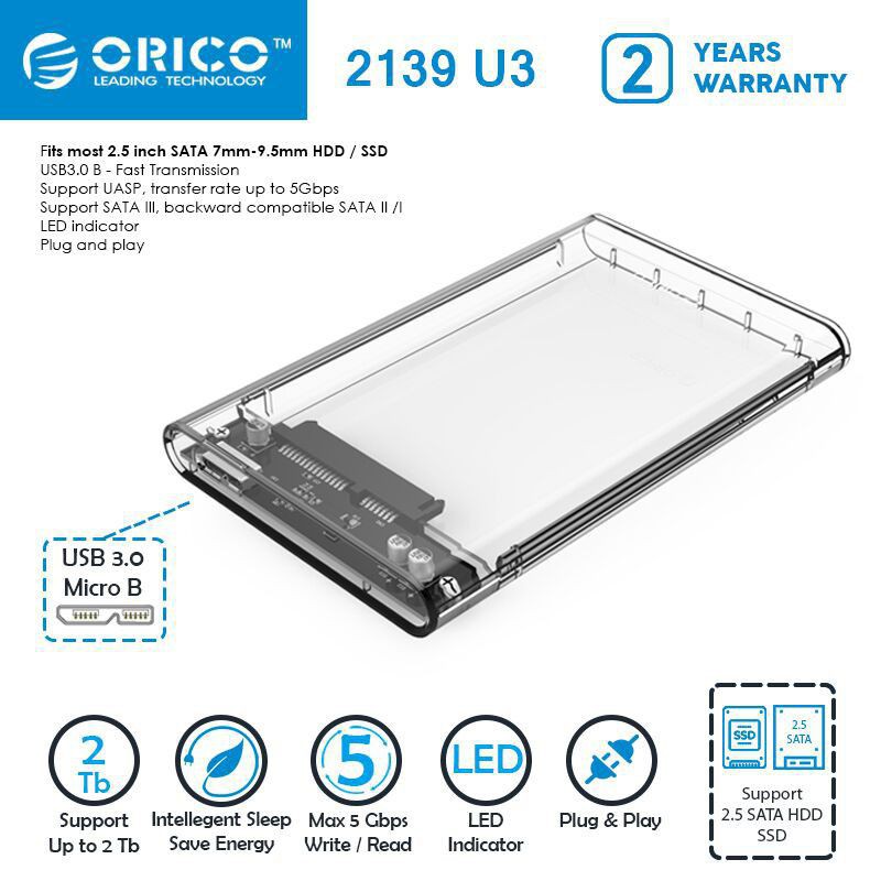 Orico 2.5 inch transparant USB 3.0 Case external HD 2139U3 / HDD Enclosure