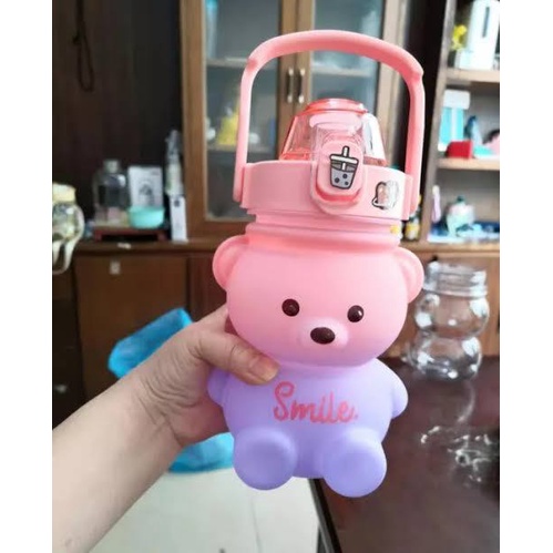 Botol Minum Bear Smile Gradasi Free Sticker 2D 3D Tali 1300ml