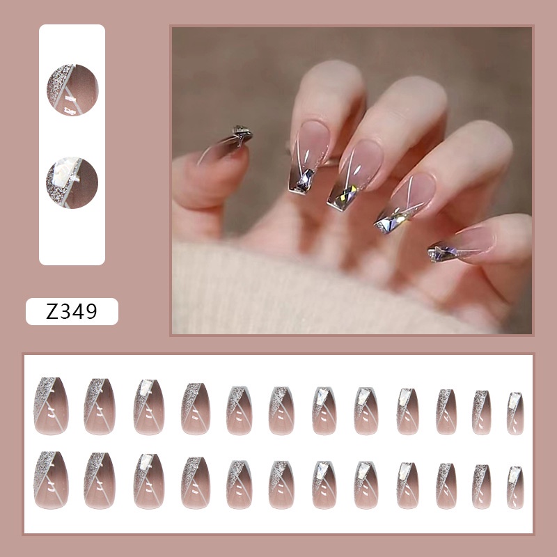 Z066-z350 24pcs / box Kuku Palsu Full Cover Hias Berlian Imitasi Untuk Nail Art