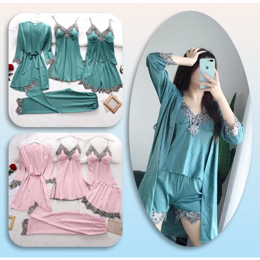 CJSW-5IN1 TINO TINO SET PIYAMA SILK KIMONO 5IN1 PREMIUM/BAJU TIDUR WANITA 5IN1