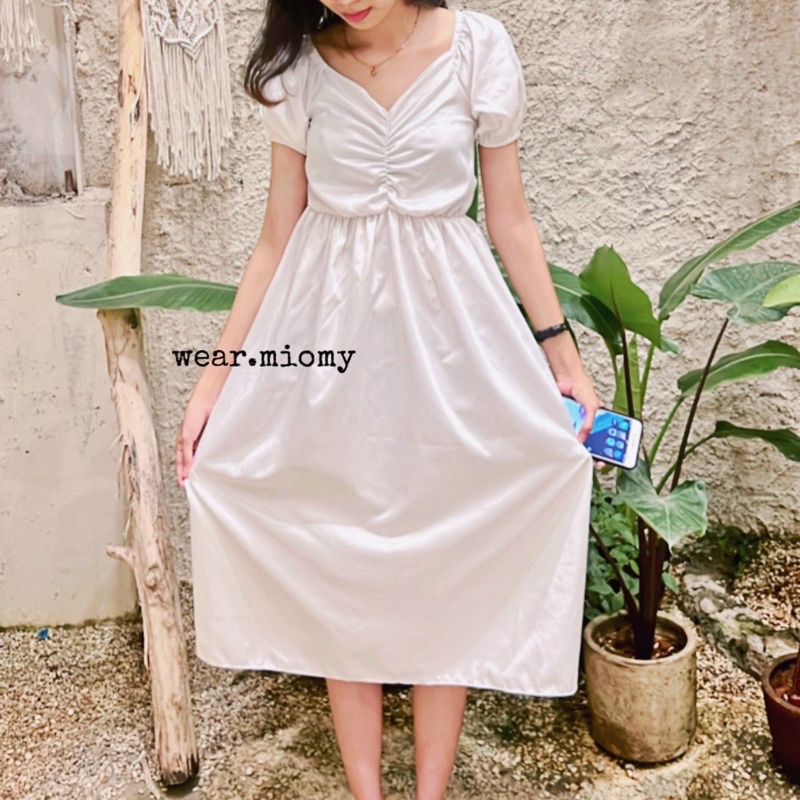 [ S-XXXXXL ] Alice dress wanita lengan pendek sabrina kerut perempuan polos remaja atasan jumbo midi