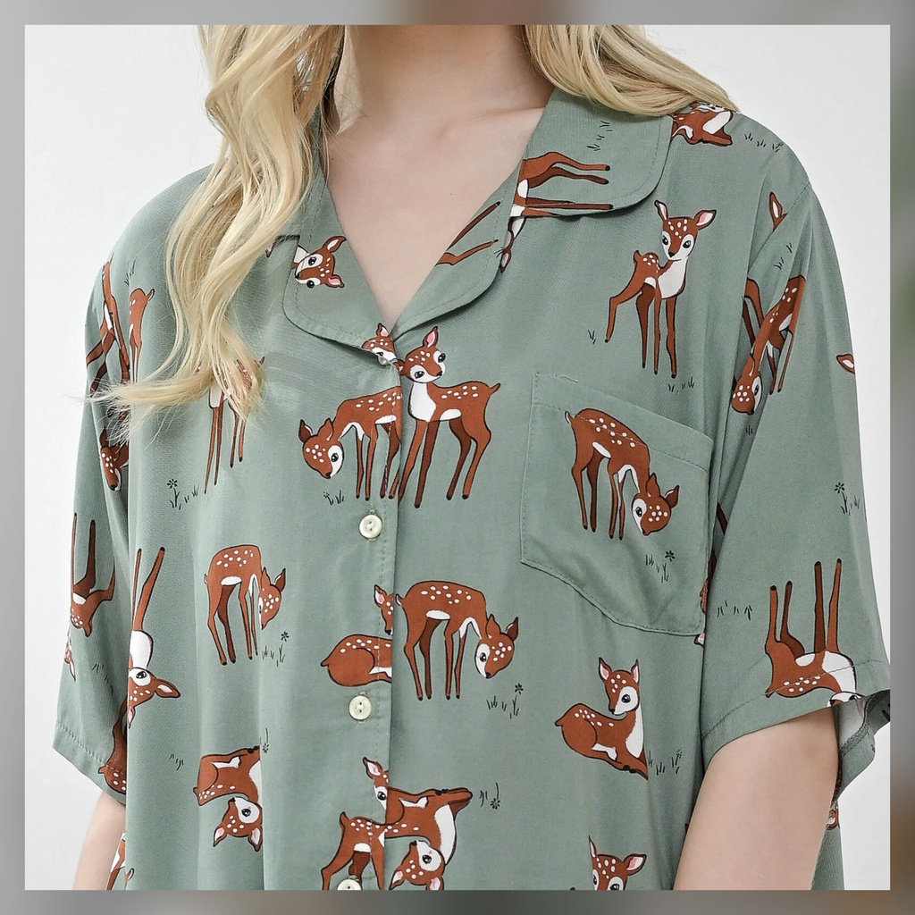 Kalla set - Sleepwear / Piyama Baju Tidur Rayon by RAHA Sleepwear-Green Deer