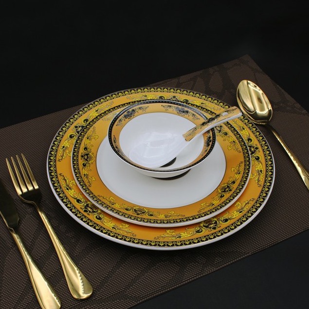 VRSC Emas Dining Set Piring Mangkuk Sendok Makan Saji Keramik Mewah