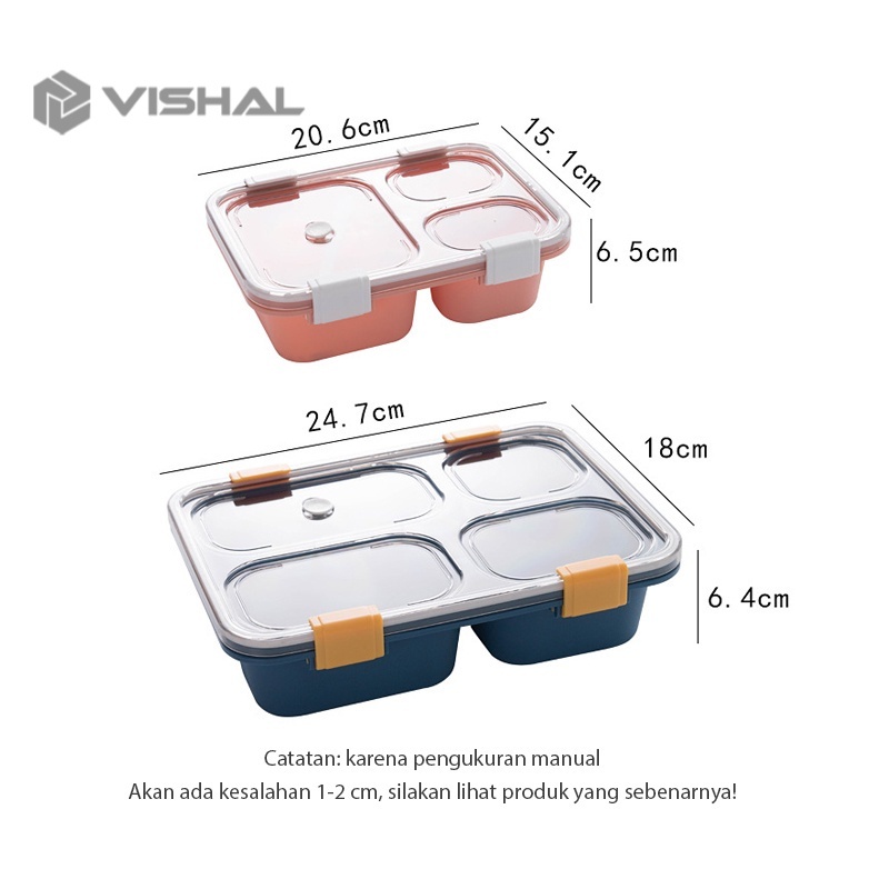 VISHAL 1250ml Kotak Makan 4 Grid Dengan Dengan Kotak Sup Dan Sendok Gratis Anti Tumpah Berbahan