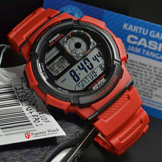 Jam Tangan Casio Illuminator AE-1000W-4AVDF Casio Merah World Time Garansi Resmi Casio AE1000