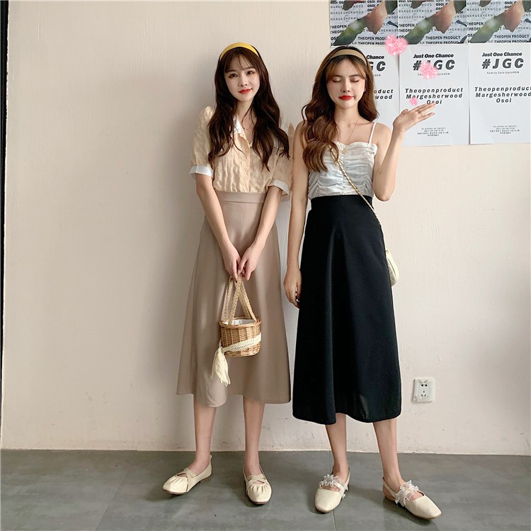 [chaoo.id ]Rok mid-length A-line versi Korea pinggang tinggi temperamen baru warna solid tipis mid-length