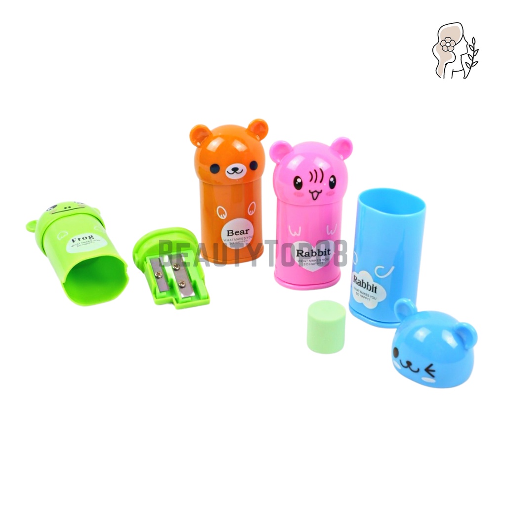 Serutan Karakter Fancy Dengan Penghapus / Rautan 2 Lubang Kepala Rabbit Bear Frog / 2 in 1 Sharpener Eraser