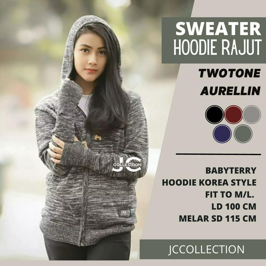 Jaket Rajut Twotone Arielli Knitting Sweater Hoodie Roundhand - JCCollections