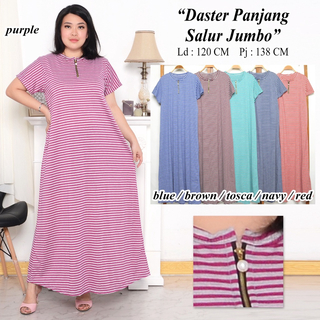 Daster Panjang Salur Jumbo ( Real Pick ) Dress Panjang Salur / Gamis Pendek Salur Fit XL to XXL