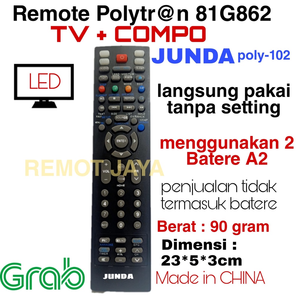 REMOTE TV LED POLYTRON 81G862 JUNDA POLY 102 MULTI UNIVERSAL SEPERTI ORIGINAL