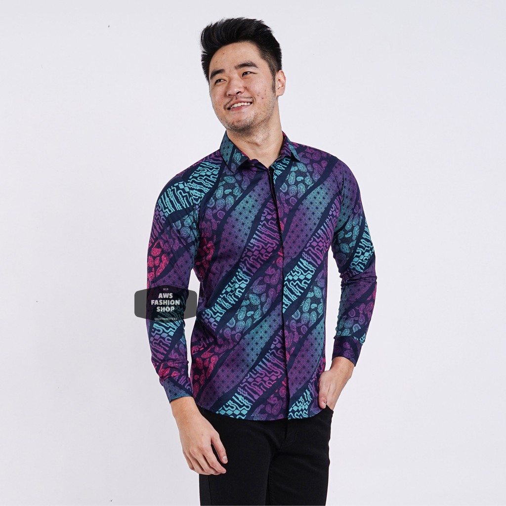 Kemeja Batik Pria Lengan Panjang Gradasi Blue Black Slimfit