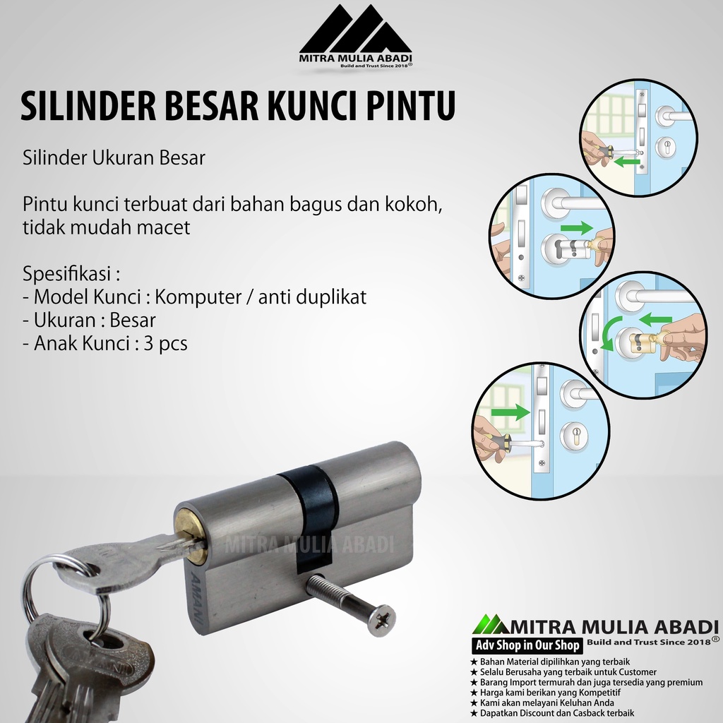 Cylinder l Silinder l Anak Lubang Kunci Pintu Besar Jantung Kuningan