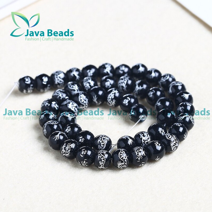 Batu Tibet Naga Glass beads Black Color Carved With Gold Silver Color Dragon Beads