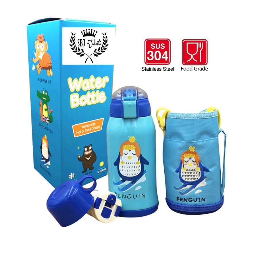 Botol Minum Termos 304 Stainless Steel DUAL CAP dengan TAS Motif Animal / Botol Minum Anak Stainless