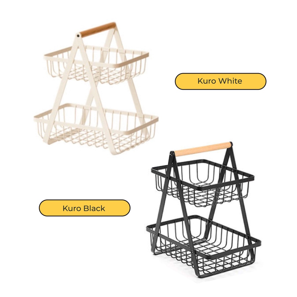 【IKONE】KURO Keranjang Rak Dapur Rak Buah Besi Rak Dapur Besi Kayu Serbaguna Dapur Rak 2 Tingkat Dapur