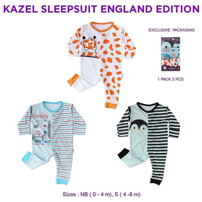 ⭐⭐⭐⭐⭐ Kazel Sleepsuit Baju Tidur Anak Bayi England Edition Buka Kaki 3in1 NB Limited