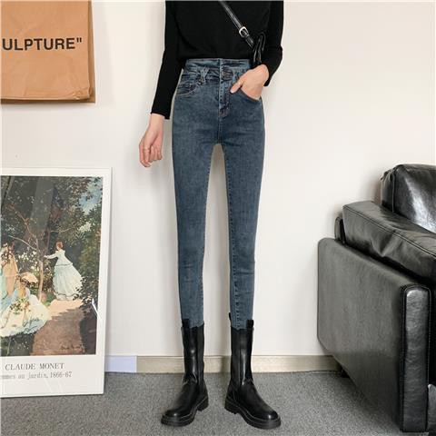 Suhao Retro Tinggi Pinggang Ketat Lurus Celana Jeans Wanita Musim Gugur Celana Kurus Slim Fit Burr C
