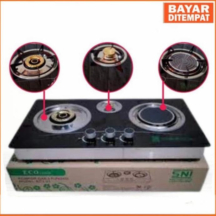 Kompor Gas / Kompor Tanam / Kompor Kaca Eco Cook 3 Tungku Mix Bara Putri5Os