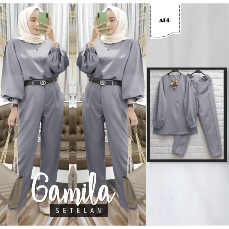 SET GAMILA FASHION PAKAIAN WANITA SETELAN ATASAN DAN CELANA BAHAN MOSCREPE JCHM