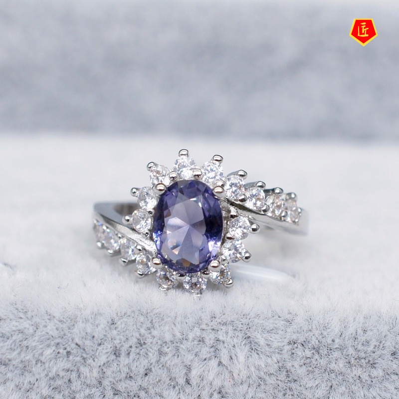 [Ready Stock]Fully-Inlaid Moissanite Blue Gemstone 925 Silver Ring