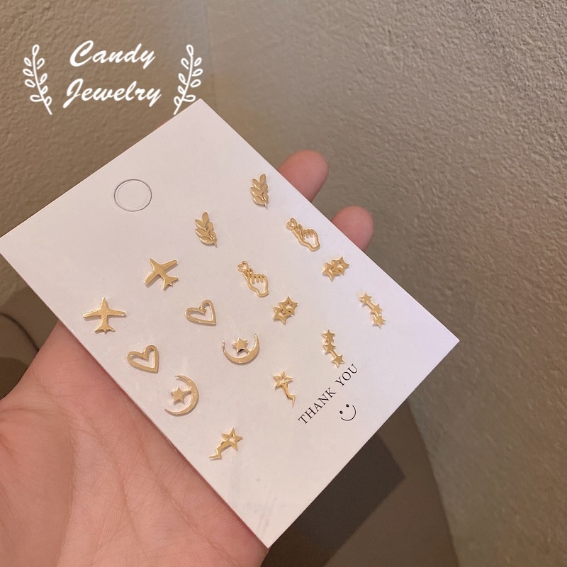 Candy Jewelry Fashion Gold Plated Stud Earrings Heart Star Mini Earring for Women Metal Ear Studs Moon Airplane Leaf 1 Pair