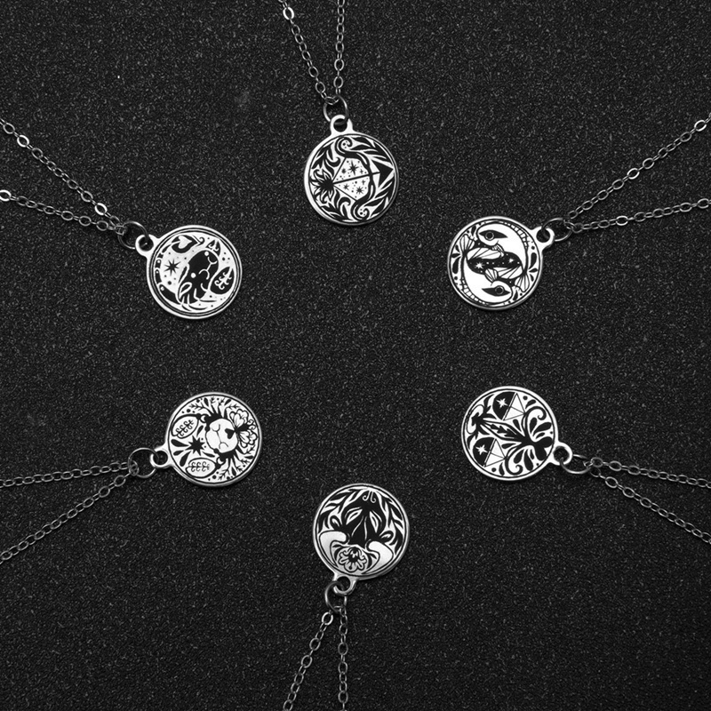 Fancyqube Kalung Rantai Dengan Liontin Koin Motif 12 Zodiak Untuk Wanita