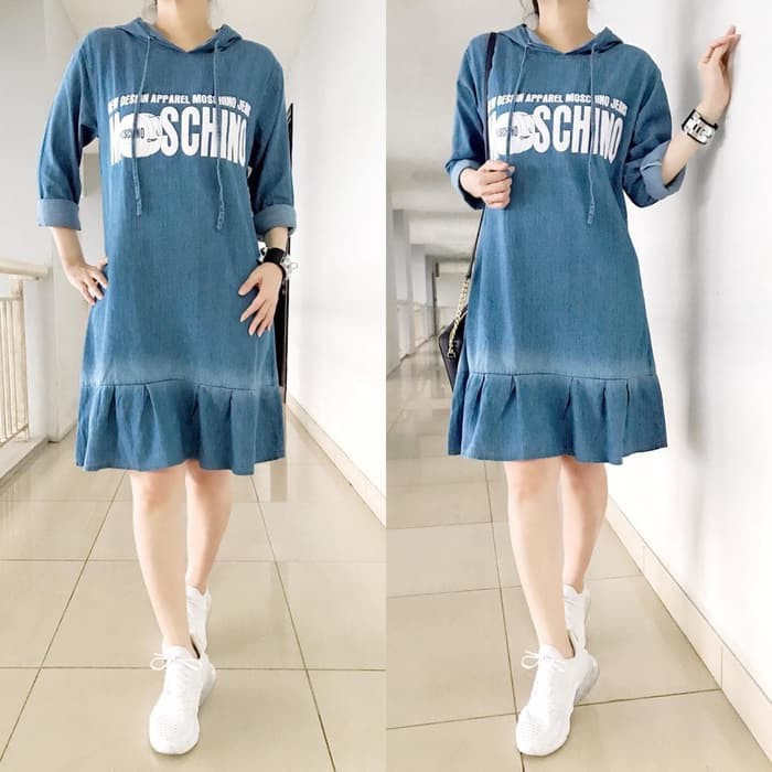 Baju Wanita Dress Rok Pendek Bahan Jeans Hoodie Tudung Penutup  Kepala