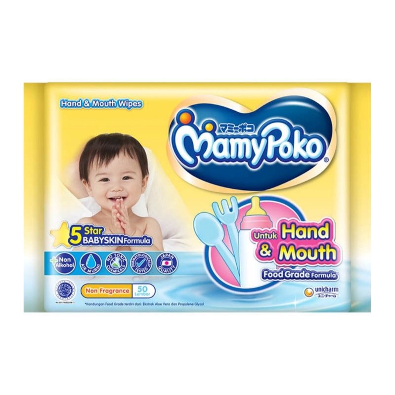 PAKET ISI 6 PCS Mamypoko HAND &amp; MOUTH baby wipes FOOD GRADE  50sheetx6pak online pack