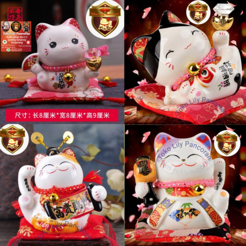 Maneki Neko Porselen / Lucky Cat Porselen / Kucing Hoki Porselen Ukuran 9cm