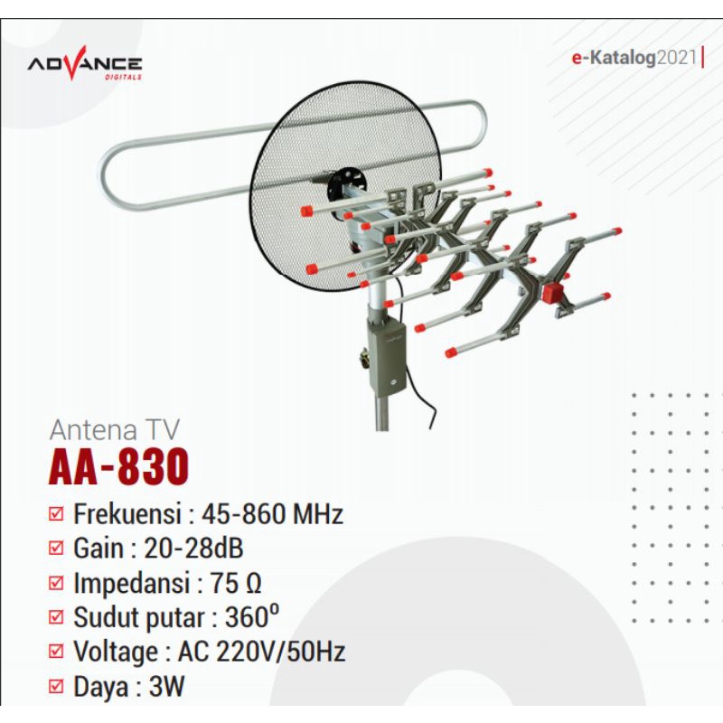 Antena TV ADVANCE AA-830 (FREKUENSI 45-860 MHz, gain 20-28dB, 360° putar, 3W)