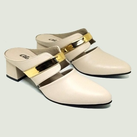 Sepatu Heels Pesta BIG SIZE 41-42-43-44-45  Leather Cream Synth Sepatu Selop Kondangan Ibu ibu Ukura