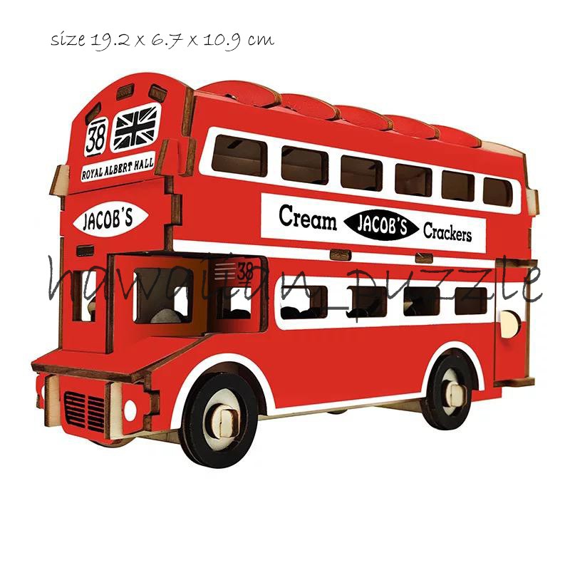 Puzzle 3D DIY bahan kayu model Bus 2 tingkat Red mainan puzzle edukasi anak (kado &amp; pajangan)