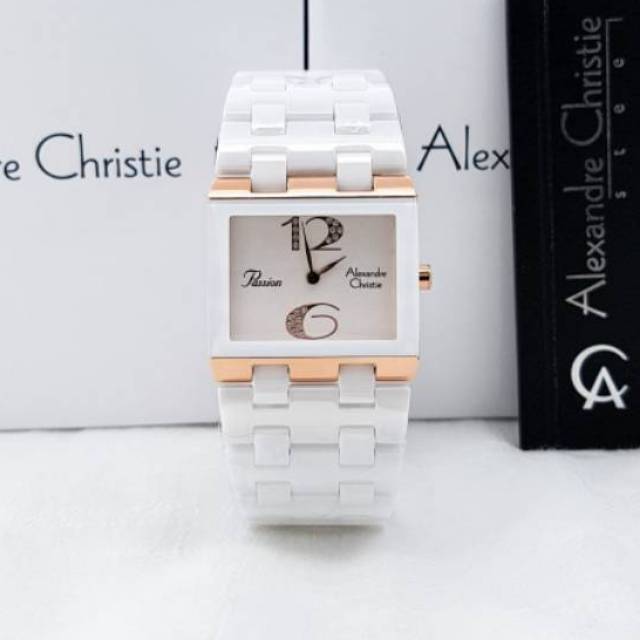 Jam Tangan Wanita Alexandre Christie 2562 Keramik Putih List Rosegold Mewah Original