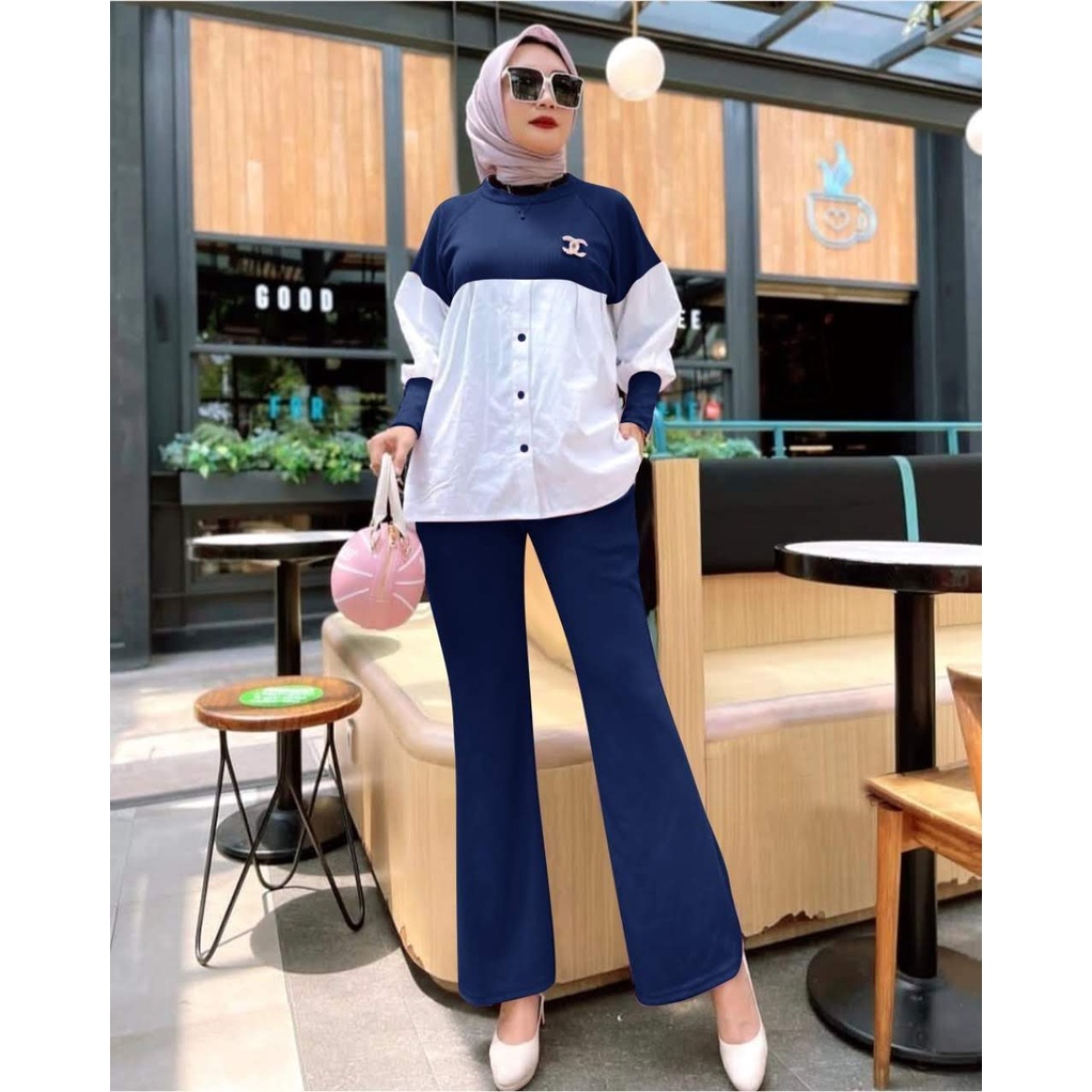 ELDE 12 - SET KNIT ISYANA ( L - XL - XXL ) BAHAN KNIT MANGO IMPORT KOMBI CREPE LD 104CM PJG 66CM BAWAH ADA KANCING VARIASI + CELANA PINGGANG KARET LP MAX 98CM PJG 87CM ADA SAKU KANAN DAN KIRI