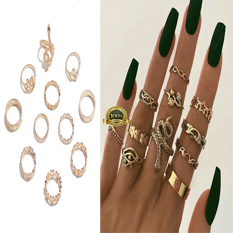 9 pcs Set Cincin Ukiran Berongga | Cincin Kombinasi Bunga Matahari Bintang Berujung Lima Mawar, Perhiasan Wanita