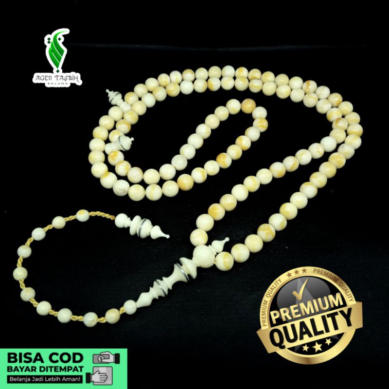 Tasbih Batu Coral Marjan Putih Super, Kepala Berbahan Tulang Sapi/Kerbau Super!!! Tasbih Batu Muslim 99 Butir!!