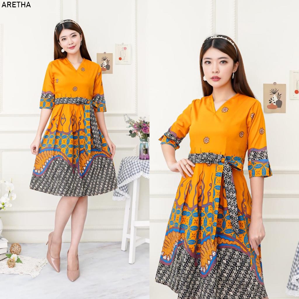 Aretha Dress Batik Wanita Ikat Pita Pinggang Dress Wanita Batik Modern Gaun Pesta Aline Terusan Keba