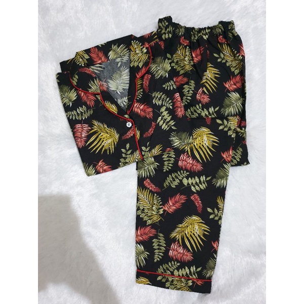 Baju Tidur Piyama Wanita/Cewek Pajamas Dewasa Katun Motif Daun Luina PP Lengan Panjang Kekinian