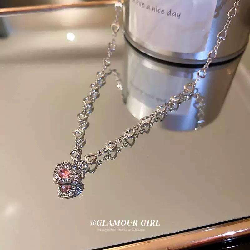 YEEZII Kalung Rantai Choker Liontin Hati Hollow Hias Batu Permata Pink Untuk Wanita