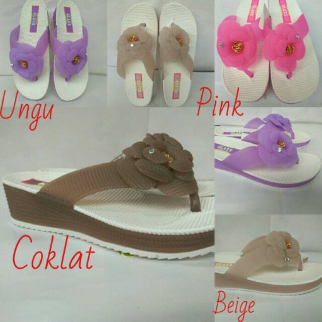 Sandal sendal wanita cewe wedges jepit karet jelly bunga pink ungu coklat beige