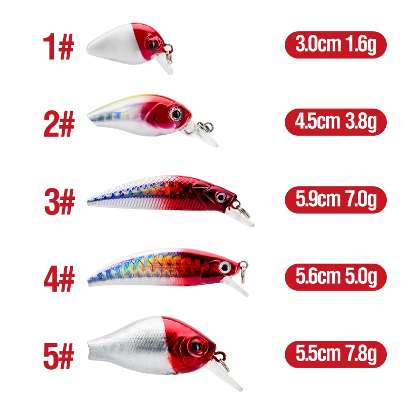 5pcs / Kotak Umpan Pancing Ikan Minnow Kepala Merah Bahan Plastik Keras 5 Warna 1.6 / 3.8 / 7 / 5 / 7.8g