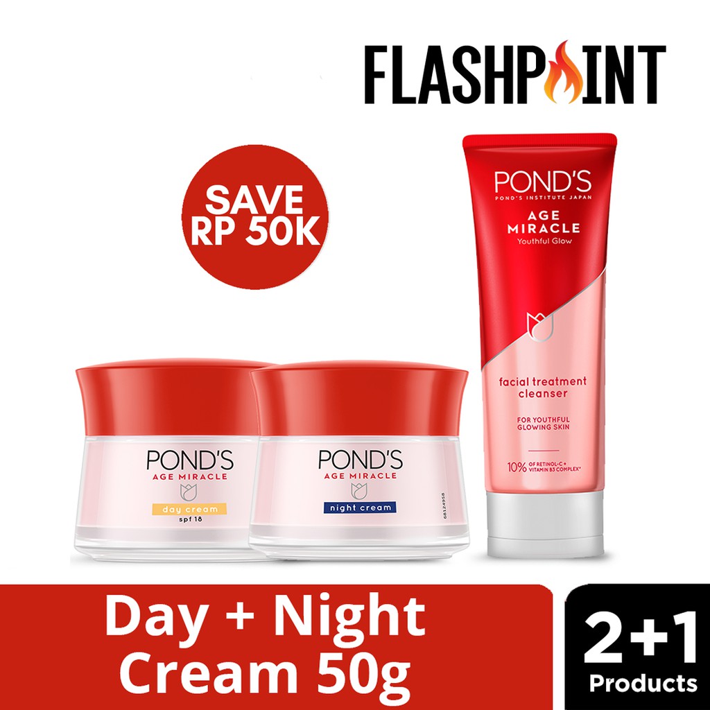 [EXCLUSIVE] POND'S AGE MIRACLE DAY CREAM 50G + PONDS AGE MIRACLE NIGHT CREAM 50G + FOAM 100G