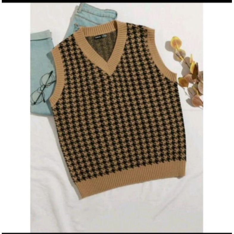 FX SHOP JENNIE VEST RAJUT HOUNDSTOOTH PREMIUM / ROMPI RAJUT