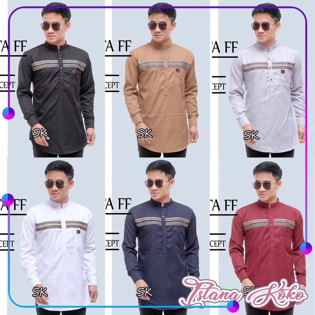 Baju Koko Kurta Model Polos FF Warna Hitam Abu Marun Navy Putih Coklat - Kurta Panjang Toyobo