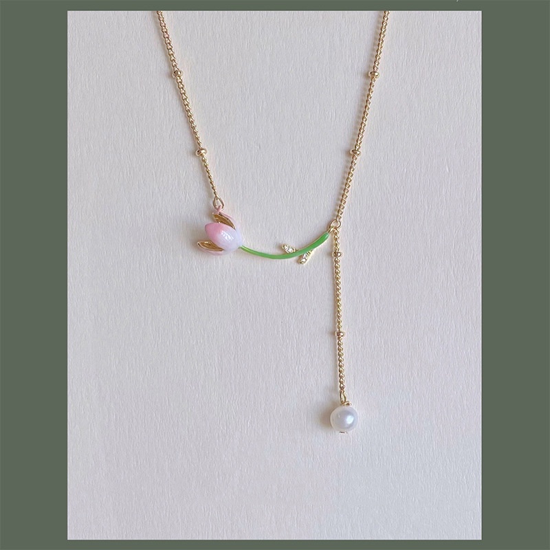 Kalung Rantai Dengan Liontin Bunga Tulip + Mutiara Elegan Ala Korea / Jepang Untuk Wanita