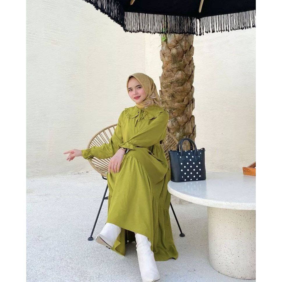 Nada Midi Dress Wanita Rayon Premium Baju Wanita Lengan Panjang Karet  Kerah Peterpan Tali Fashion Muslim Kekinian LD 110 cm